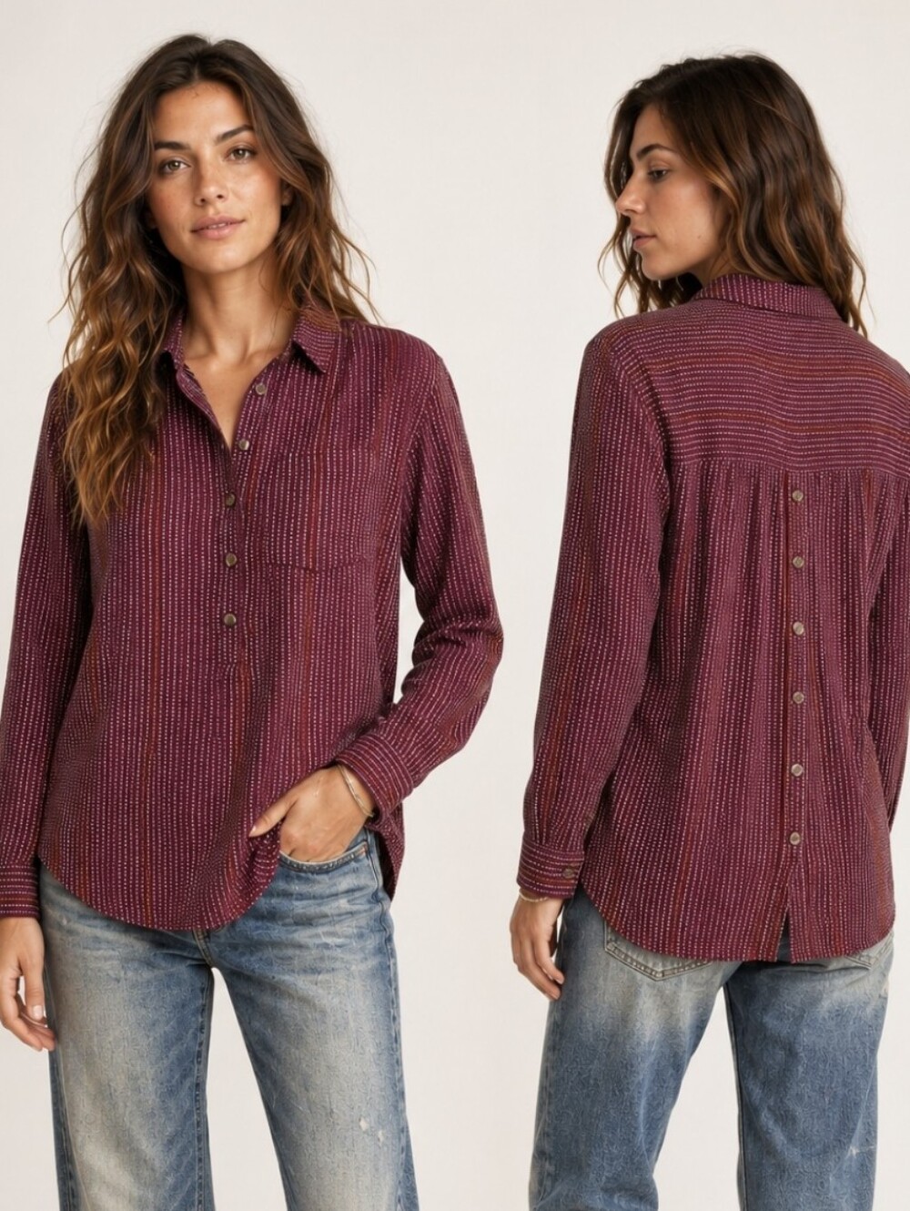 Anthropologie Isadora Button Back Popover Tunic Shirt Burgundy Stripe Boho Sz M